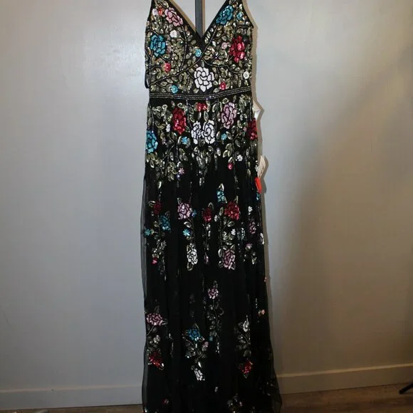 NEW Mac Duggal EMBELLISHED FLORAL SEQUINED GOWN 5400 BLACK MULTI - Picture 5 of 11